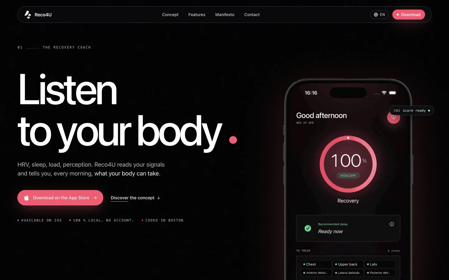 Landing page Reco4U présentant le score de récupération et l'application iOS