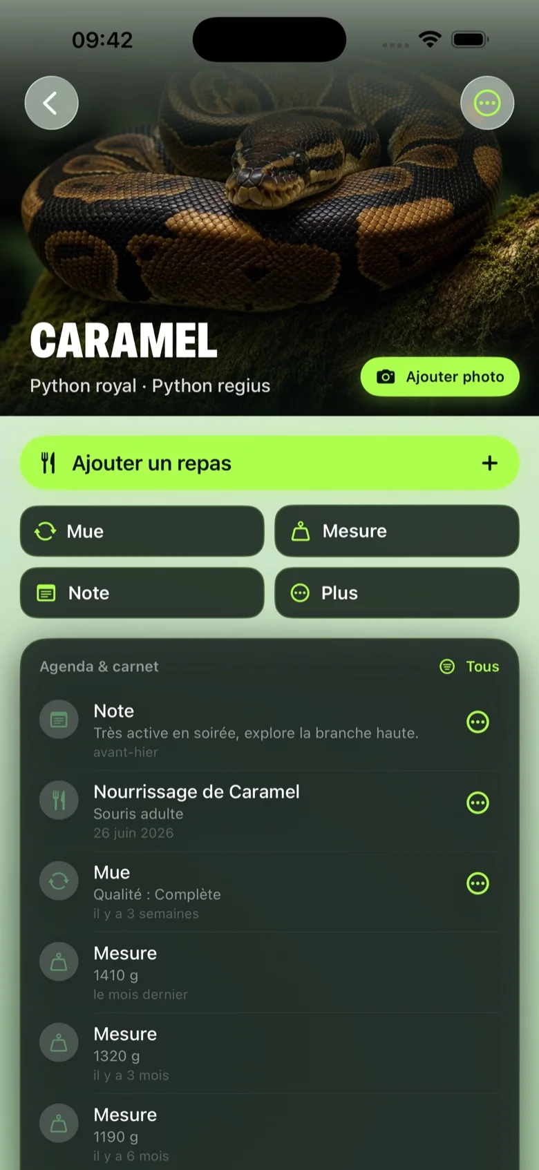 Écran réel de TerraTrack pour enregistrer le suivi d’un reptile