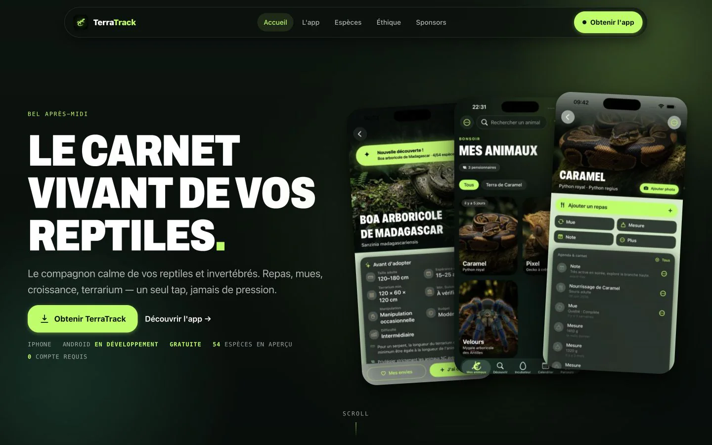 Landing page TerraTrack et interface de suivi d'un reptile