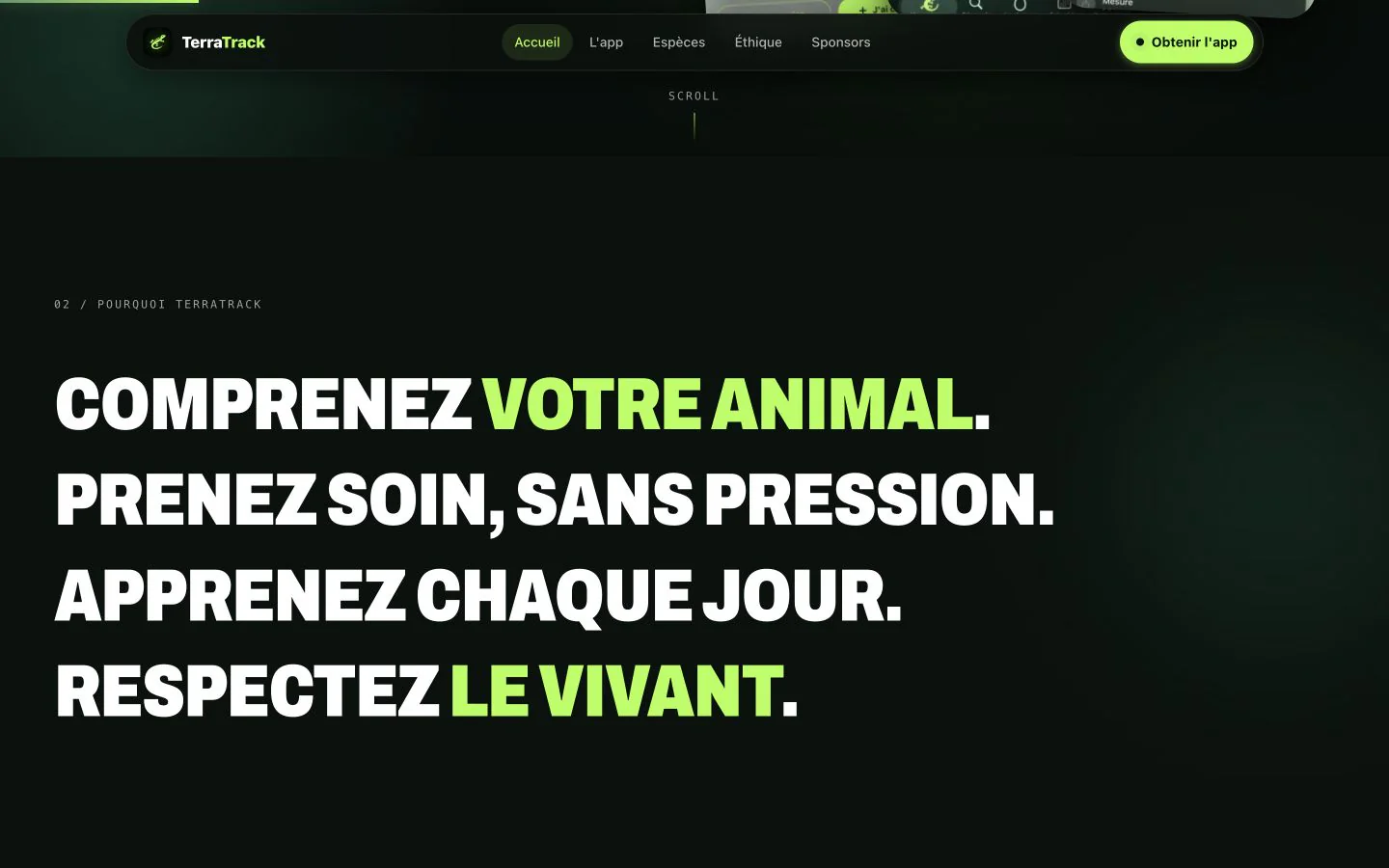 Section de TerraTrack présentant les fonctions de suivi