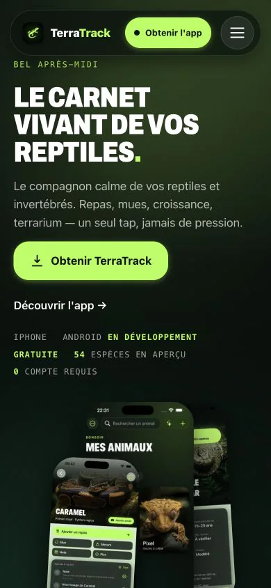 Version mobile de la landing page TerraTrack
