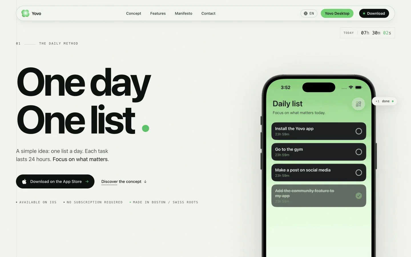 Landing page Yovo présentant une liste quotidienne sur iPhone